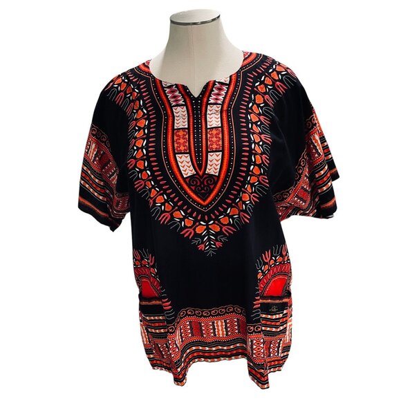 Raan Pah Muang Dashiki Top 3XL Black Red Cotton Festival Boho Summer Vacation - Picture 6 of 13